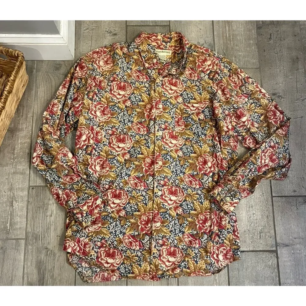 Vintage 90s Banana Republic Floral Rose Button Down Shirt L 100% Cotton Unisex